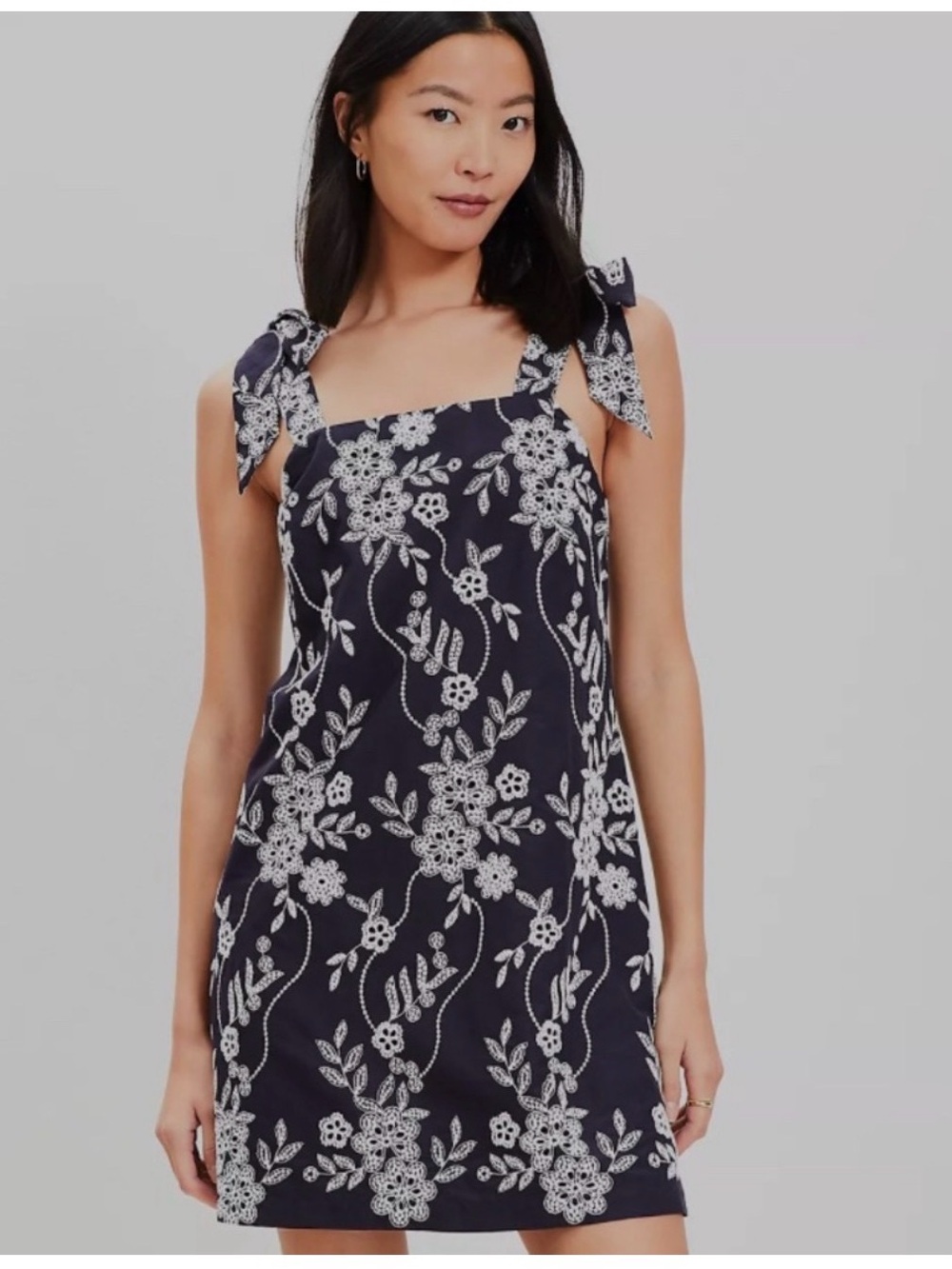 LOFT Navy Floral Embroidered Tie-Shoulder Mini Dress
